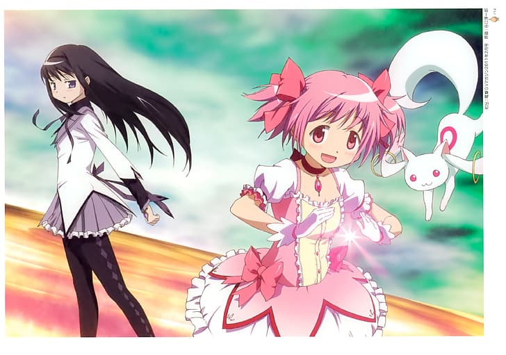 Mahou Shoujo Madoka Magica, Kaname Madoka, Akemi Homura, anime girls, Kyuubey, HD wallpaper