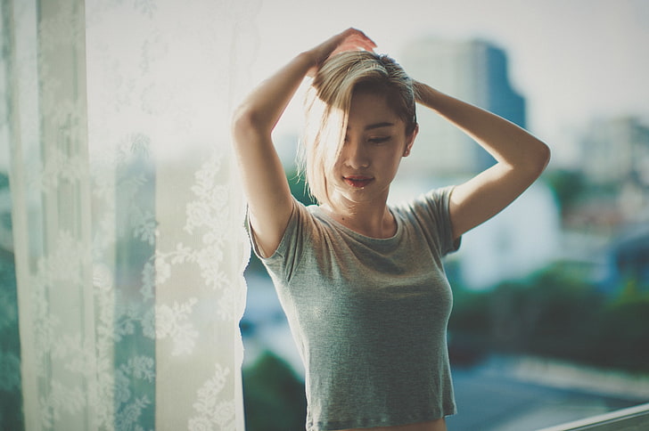 Asian, model, blonde, hands in hair, women, HD wallpaper