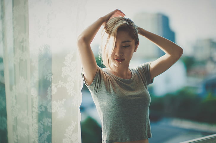 blonde, model, hands in hair, women, Asian, HD wallpaper