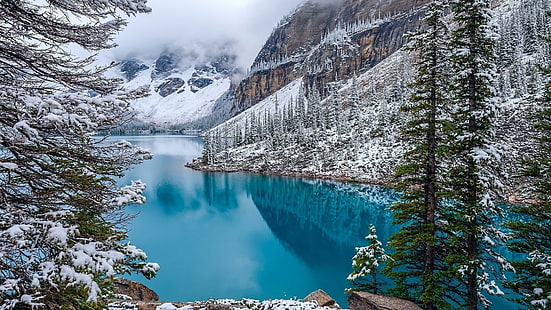 водоем, природа, пейзаж, Озеро Морейн, Канада, зима, бирюза, вода, лес, горы, снег, деревья, облака, голубой, HD обои HD wallpaper