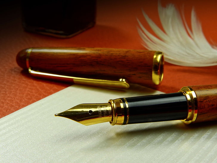 close up, composition, desk, document, feather, fountain pen, gold, ink, office, paper, pen, pointed, stationery, writing, writing tool, HD wallpaper
