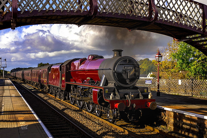 red and black train, the way, smoke, train, the engine, cars, railroad, HD wallpaper