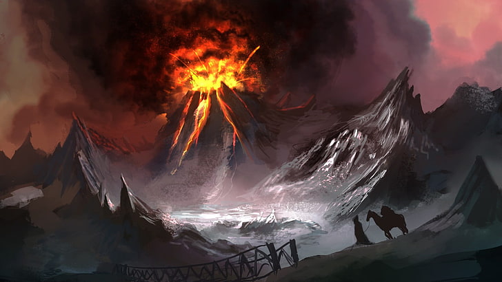 wallpaper grafis letusan gunung berapi, gunung berapi, jembatan, ledakan, Wallpaper HD