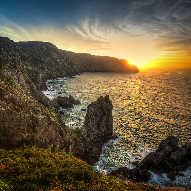 formazioni rocciose sulla spiaggia durante l'ora dell'oro, galizia, galizia, mare, costa, natura, tramonto, spiaggia, roccia - oggetto, paesaggio, paesaggi, scogliera, Sfondo HD