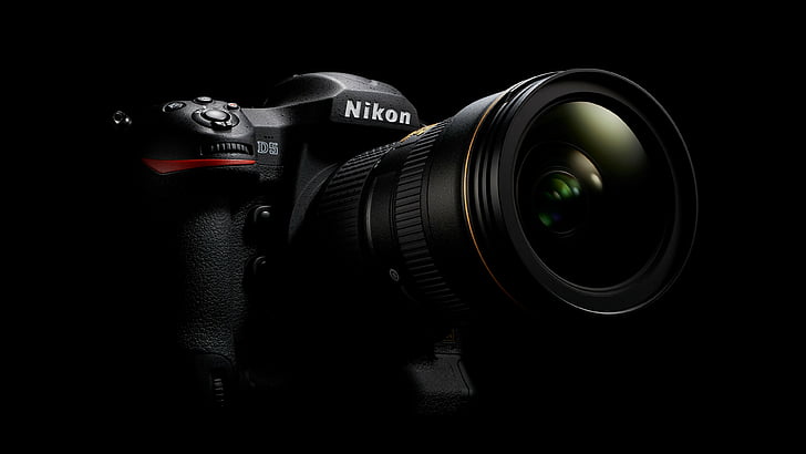 Черная зеркальная фотокамера Nikon, Nikon d5, фотоаппарат, цифровая зеркальная камера, цифровое обозрение, корпус, 4k видео, объектив, распаковка, HD обои