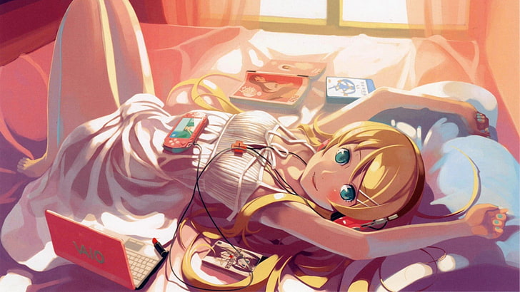 blonde girl in white spaghetti strap dress lying on bed anime wallpaper, anime girls, VAIO, laptop, blue eyes, lying down, dress, white dress, legs, legs together, painted nails, headphones, consoles, console, HD wallpaper