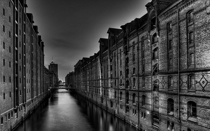 old building, river, bridge, photography, landscape, Hamburg, Germany, monochrome, HD wallpaper