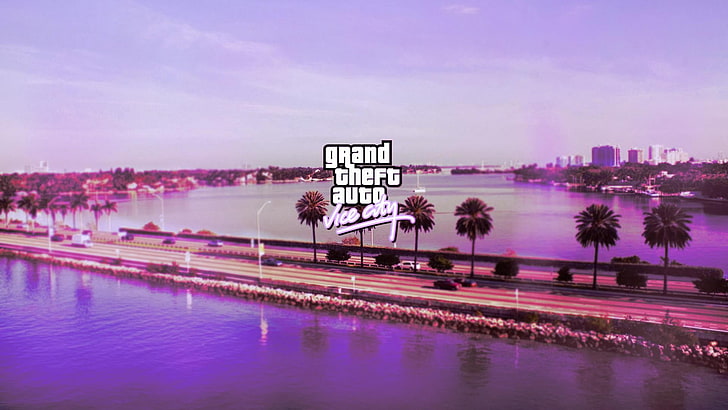 green trees with text overlay, Grand Theft Auto Vice City, road, pink, logo, sea, lake, PC gaming, Grand Theft Auto, HD wallpaper