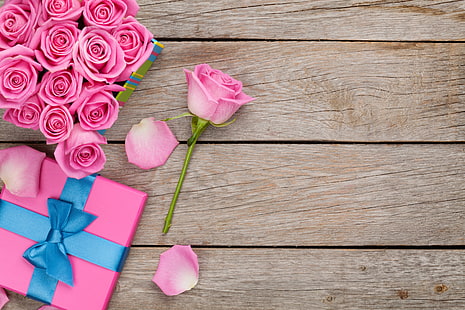 pembe güller, güller, aşk, pembe, romantik, tatlı, hediye, yaprakları, sevgililer günü, HD masaüstü duvar kağıdı HD wallpaper