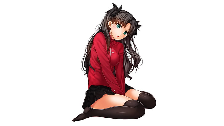 ilustración de anime femenino de cabello negro, Tohsaka Rin, serie Fate, chicas anime, anime, arrodillado, Fondo de pantalla HD