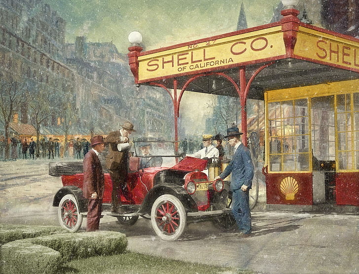 La ciudad, retro, gente, coche, gasolinera, 1920, Shell Station, Fondo de pantalla HD
