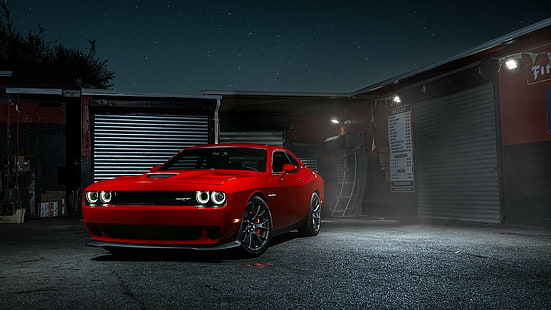Carro vermelho, Dodge, Dodge Challenger SRT, noite, luz, carro vermelho, Dodge, Dodge Challenger SRT, noite, luz, HD papel de parede HD wallpaper