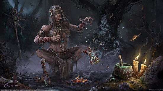 female shaman digital wallpaper, magic, candles, skull, witchcraft, the fire, the witch, the voodoo doll, shaman, Alexander Kozachenko, HD wallpaper HD wallpaper