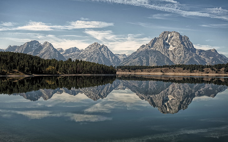 body of water and mountains in landscape photography, forest, mountains, lake, reflection, Wyoming, Grand Teton, Grand Teton National Park, Oxbow Bend Lake, HD wallpaper