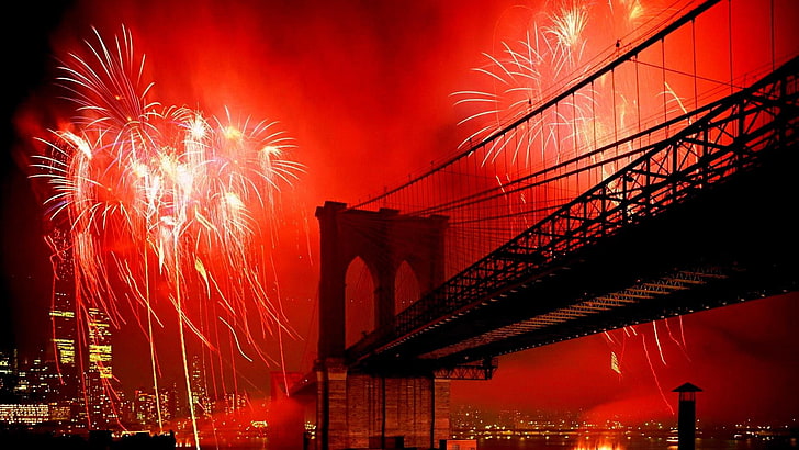 new york, jembatan brooklyn, jembatan, kembang api merah, malam, langit malam, kota, kembang api, acara, langit, bahan peledak, amerika serikat, cityscape, metropolis, tahun baru, acara publik, Wallpaper HD