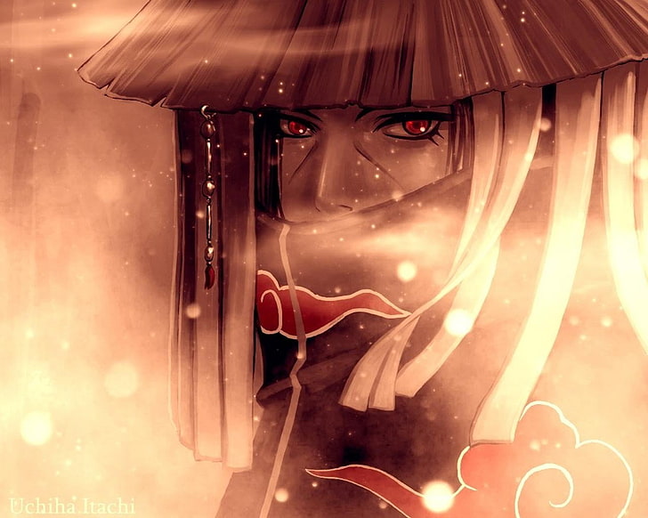 Naruto Shippuden illustration, Naruto Shippuuden, anime boys, Uchiha Itachi, red eyes, hat, Akatsuki, HD wallpaper