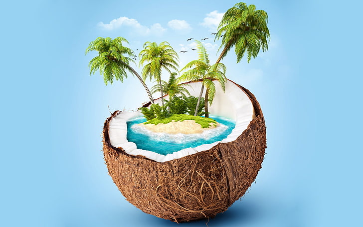 gröna palmer illustration, kokosnötter, ö, render, blå bakgrund, palmer, HD tapet