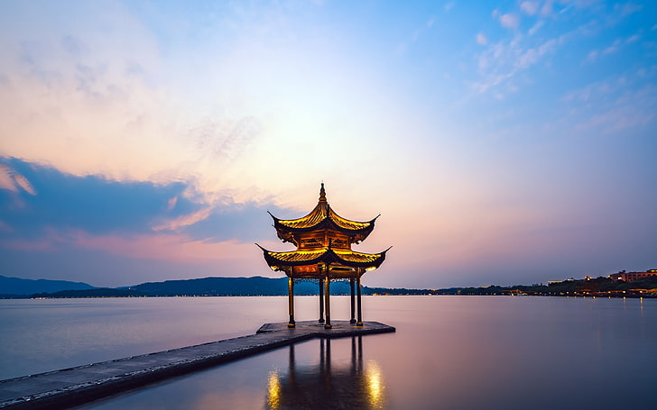 Hangzhou Westsee-Tourismus-Sonnenuntergang-Rest-Pavillon, HD-Hintergrundbild