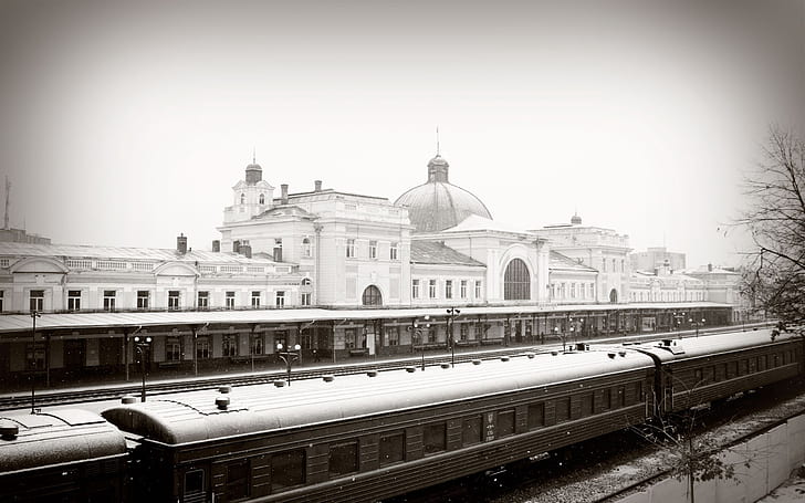 city, railroad, train station, winter, HD wallpaper