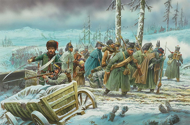 soldiers painting, winter, figure, Russia, retreat, troops, French, Patriotic war of 1812, HD wallpaper