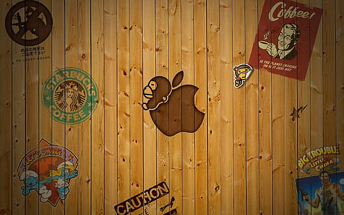 legno, Apple Inc., starbucks, logo, grossi problemi nella piccola porcellana, Sfondo HD HD wallpaper
