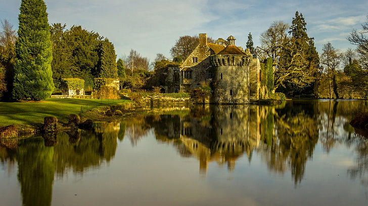 Châteaux, Château de Scotney, Château, Angleterre, Lac, Reflet, Eau, Fond d'écran HD