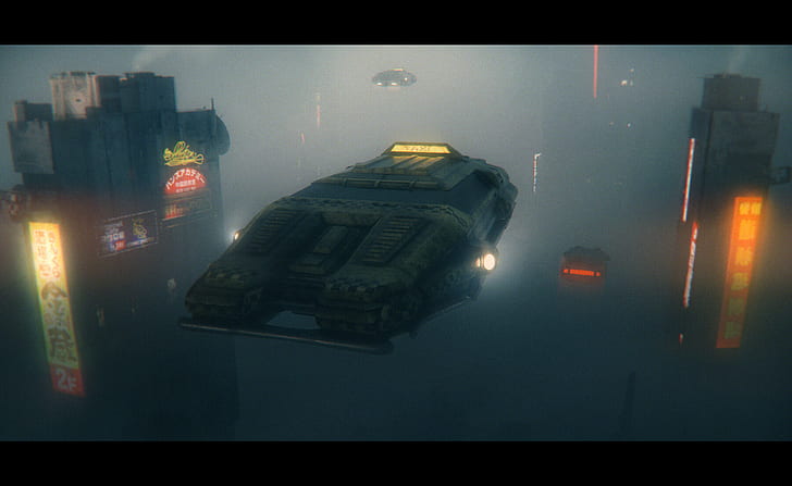 Quentin BOUILLOUD, artwork, digital art, flying car, futuristic, futuristic city, Blade Runner, mist, HD wallpaper