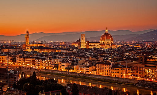 beige concrete building, sunset, bridge, the city, lights, view, building, home, the evening, Italy, panorama, Cathedral, Florence, architecture, Tuscany, Santa Maria del Fiore, Firenze, The Cathedral of Santa Maria del Fiore, HD wallpaper HD wallpaper