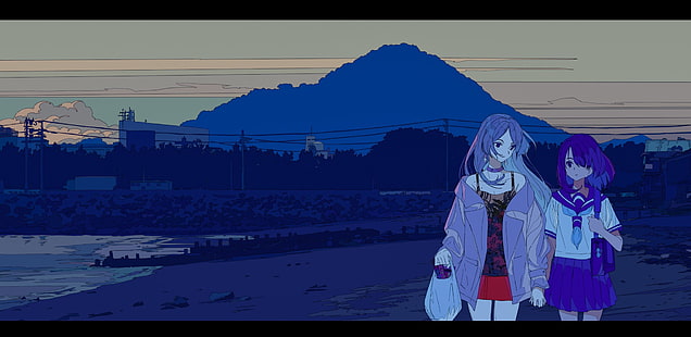 An 茶, аниме девушки, вершина горы, пляж, HD обои HD wallpaper