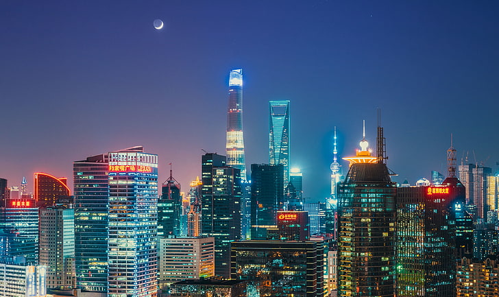 niebo, noc, światła, miasto, księżyc, horyzont, Chiny, Szanghaj, Oriental Pearl Tower, Shanghai Tower, Shanghai World Financial Center, Tapety HD