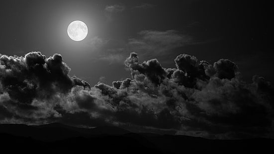 небе, нощно небе, нощ, облаци, черно-бяло, черно, тъмно, тъмнина, здрач, HD тапет HD wallpaper
