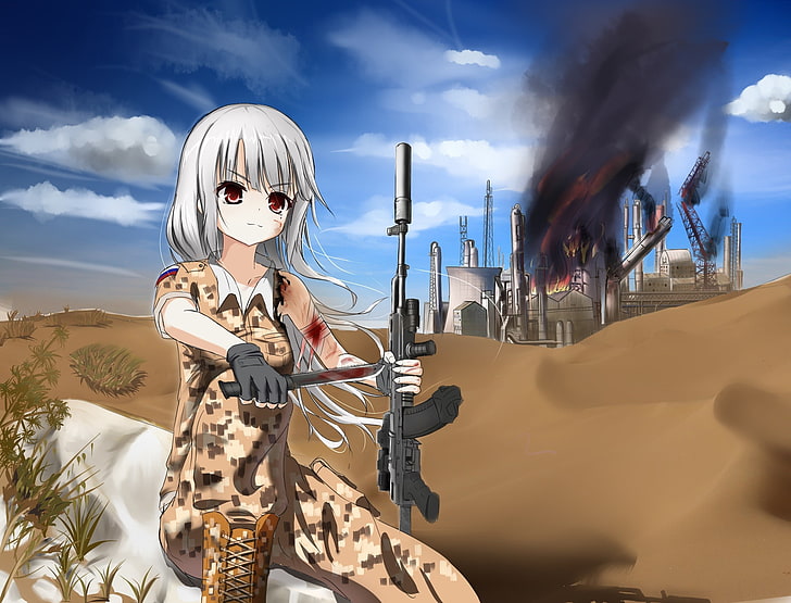 Anime, Anime Girls, Pistole, Waffe, Messer, Blut, Wüste, langes Haar, graues Haar, Uniform, HD-Hintergrundbild