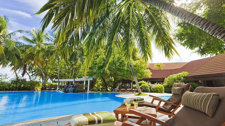 Maldives, palmiers, station balnéaire, chaises longues, piscine, piscine bleue, Maldives, palmier, arbres, Resort, soleil, chaises longues, piscine, Fond d'écran HD