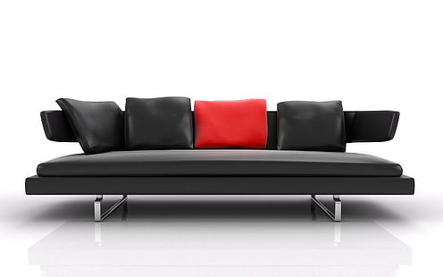 sofá de couro preto, sofá, almofada, móveis, estilo, moderno, HD papel de parede HD wallpaper