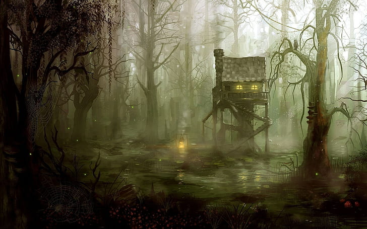 artwork, concept art, swamp, forest, trees, cabin, HD wallpaper