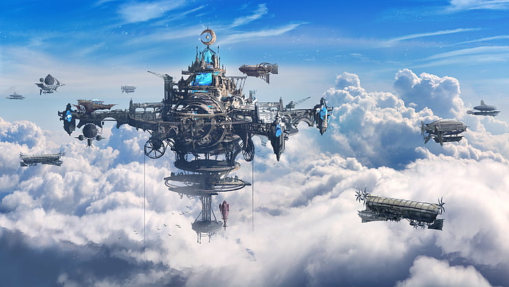 회색 항공기, 삽화, 구름, steampunk, HD 배경 화면
