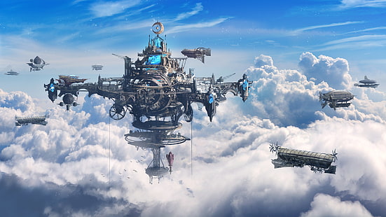 avión gris, obra de arte, nubes, steampunk, Fondo de pantalla HD HD wallpaper
