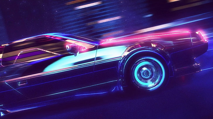 черна кола, розова и синя фотография на кола с откъсване от времето, New Retro Wave, synthwave, 1980-те, неон, DeLorean, кола, ретро игри, циан, розов, HD тапет