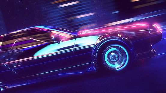 чёрный автомобиль, фотография с замедленной съемкой розового и синего автомобилей, New Retro Wave, synthwave, 1980-е, неон, DeLorean, автомобиль, ретро-игры, голубой, розовый, HD обои HD wallpaper