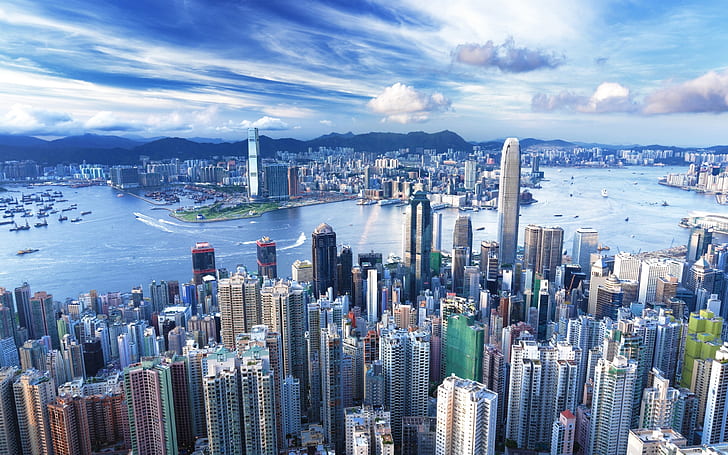 Hongkong metropolia drapacz chmur, malarstwo pejzażowe, wieżowiec, metropolia, Tapety HD