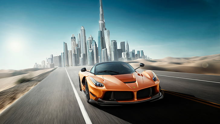 Ferrari, Ferrari LaFerrari, bil, stad, Dubai, orange bil, sportbil, superbil, fordon, HD tapet