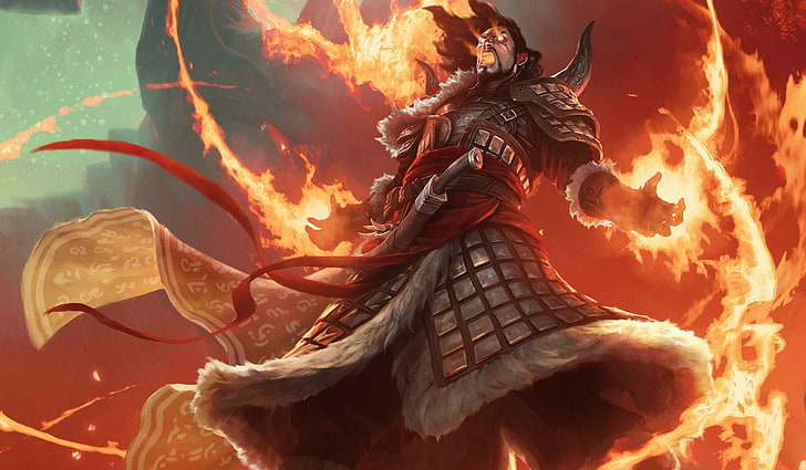 männliche Krieger-Spielfigur, Magic: The Gathering, Zauberer, Feuer, Magie, HD-Hintergrundbild