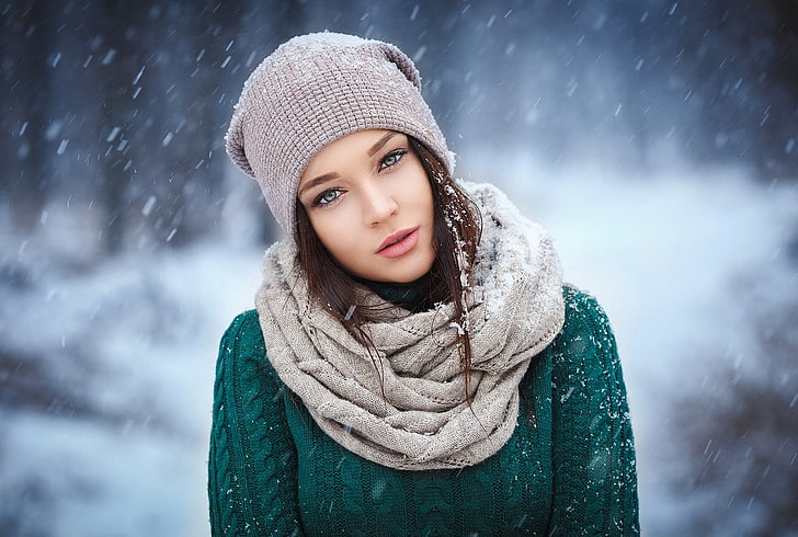 zima, zimno, kobiety, Angelina Petrova, modelka, śnieg, Tapety HD