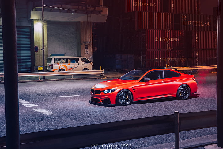 car, vehicle, red cars, BMW M4, BMW, street, outdoors, night, HD wallpaper