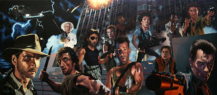 Alien (film), Back To The Future, Karikatur, Die Hard, Escape From New York, Hollywood, Indiana Jones, film, Rambo, Terminator, Wallpaper HD