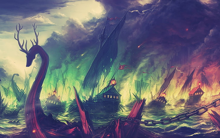 papel de parede de barco a vela marrom em chamas, pintura de criaturas do mar, Game of Thrones, navio, trabalho artístico, batalha, arte de fantasia, Blackwater, fogo, barco, colorido, montanhas, paisagem, outono, Casa Baratheon, HD papel de parede