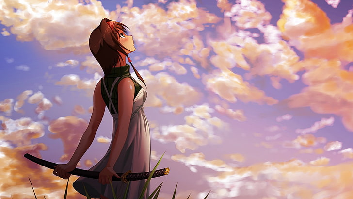 gadis anime, rambut pendek, berambut cokelat, karakter asli, langit, pedang, katana, Wallpaper HD