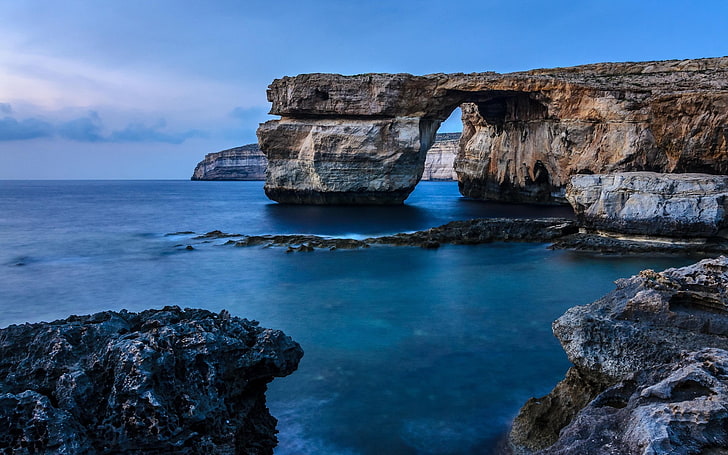 Малта, скала, море, крайбрежие, синьо, небе, HD тапет
