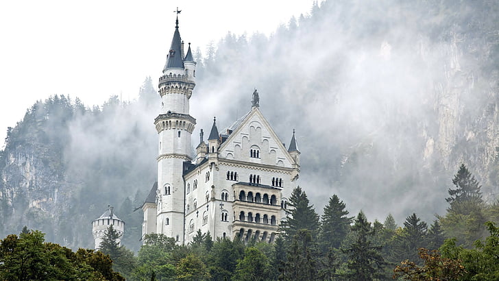 white and gray concrete cathedral near green trees, Neuschwanstein castle, Germany, forest, trees, smoke, HD wallpaper