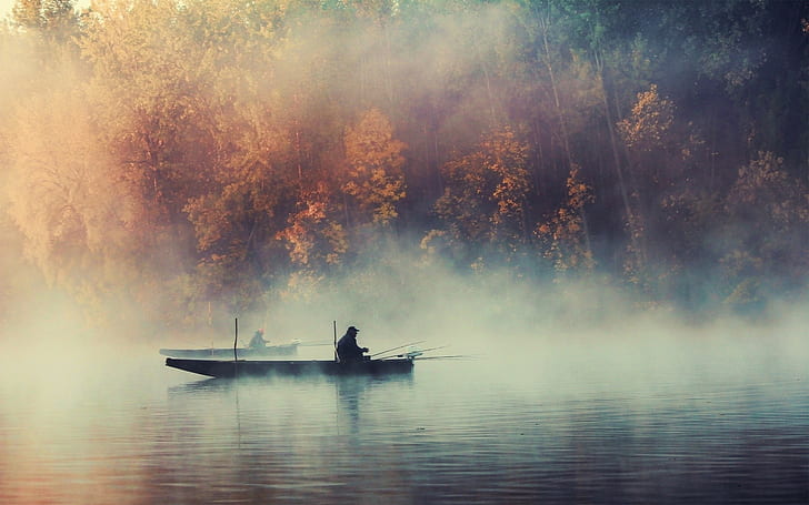niebla, barco, pesca, otoño, caña de pescar, lago, agua, barco de pesca, naturaleza, Fondo de pantalla HD